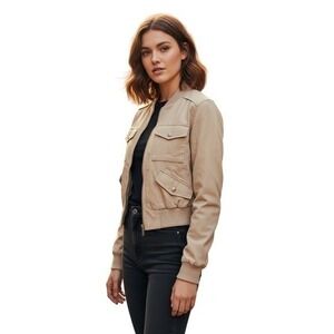 Y2K Vintage Biker Jacket Faux Leather Beverly Hills Polo Club Cropped Khaki M